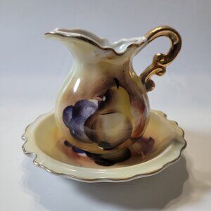 Artmark Vintage Miniature Porcelain Pitcher & Basin Bowl Set Fruit Gold Trim